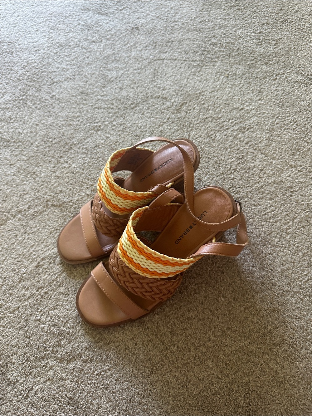Lucky Brand Tan Woven Slingback wedge Sandals with Yellow Stripes size 7 New